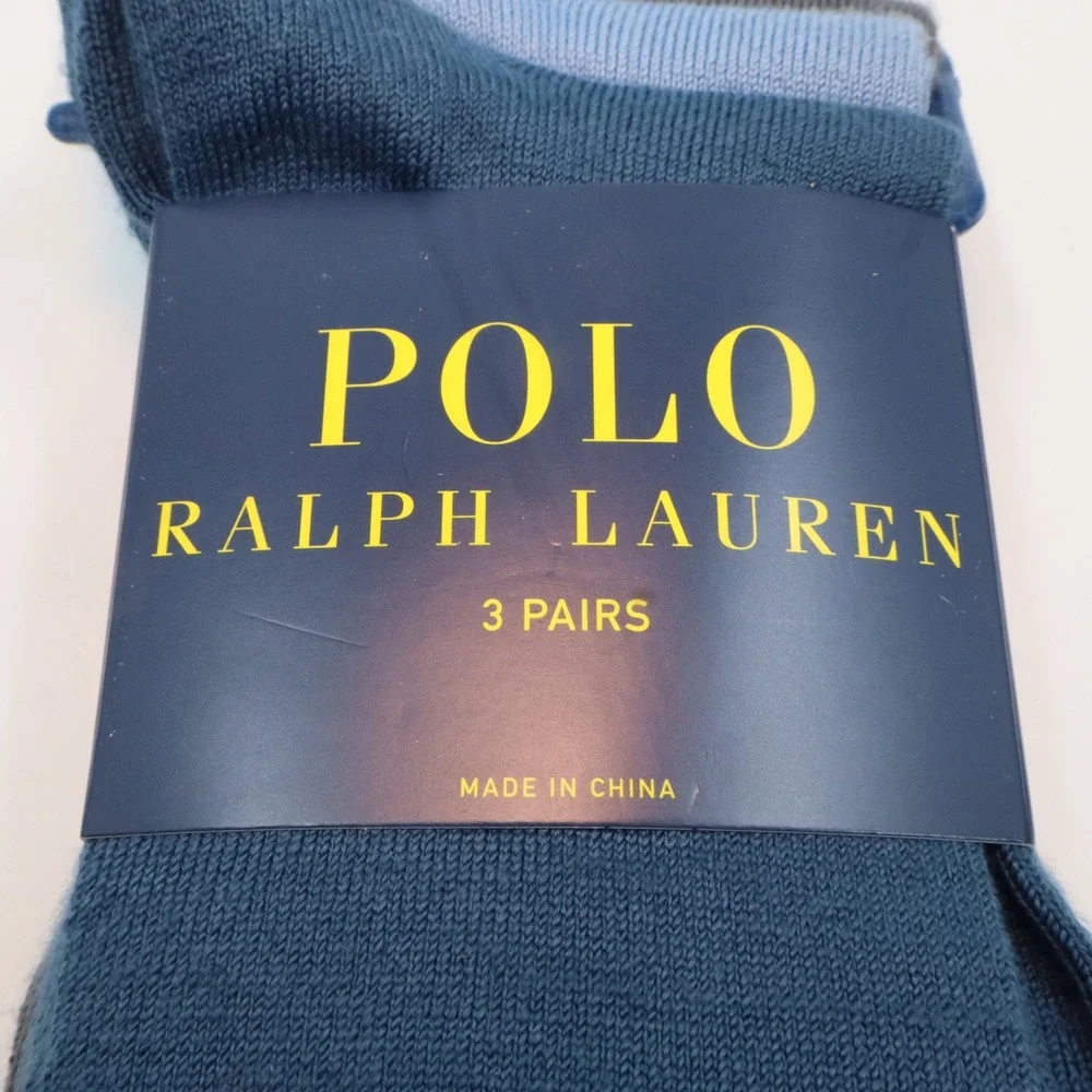 Polo Ralph Lauren Crew Socks Mens 10-13 Blue Grey 3‎ Pack Embroidered Pony Logo